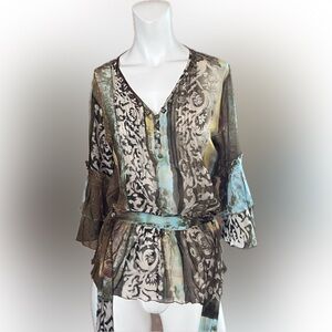 NWOT Alberto Makali watercolor Turquoise blue olive green Blouse SZ S Belted